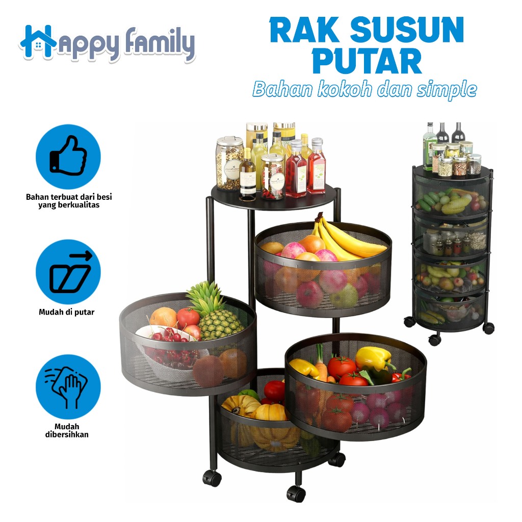 (Happy Family) Rak Dapur Putar Stainless – Rak Roda Troli Putar Bulat Susun Tingkat Serbaguna