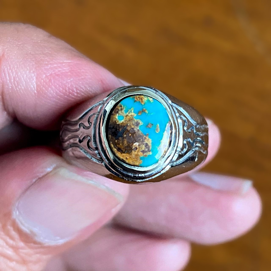 Cincin Batu Akik Pirus Matrix Serat Emas Asli – Turquoise Natural – Ring Size 9