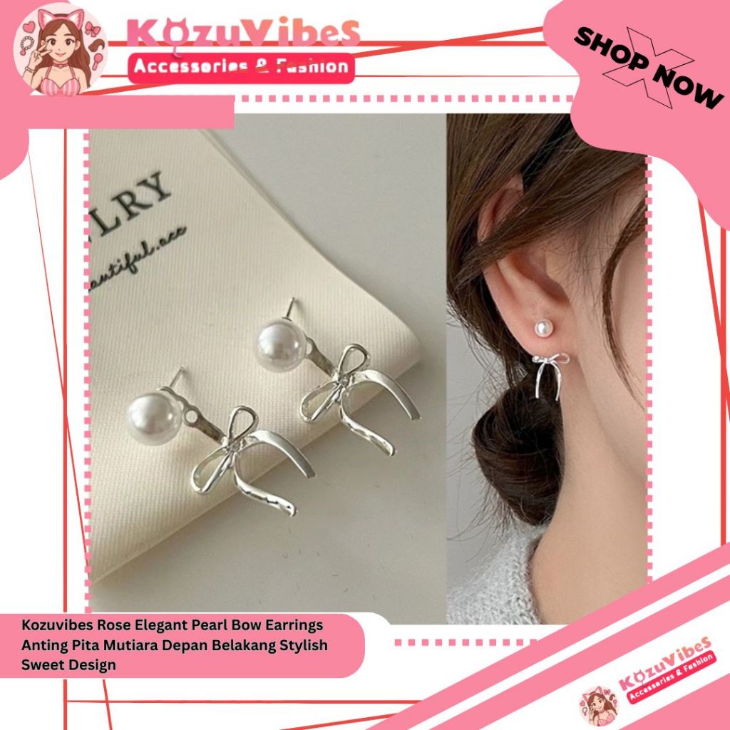 Kozuvibes Elegant Pearl Bow Earrings Anting Pita Mutiara Depan Belakang Stylish Sweet Design