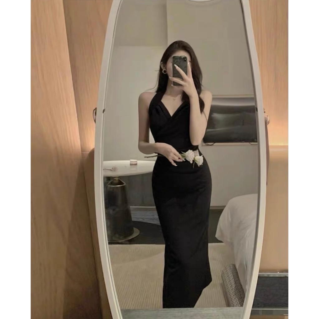 Meirong fairy dress hitam pantai panjang wanita elegan wanita long black dress press body korea styl