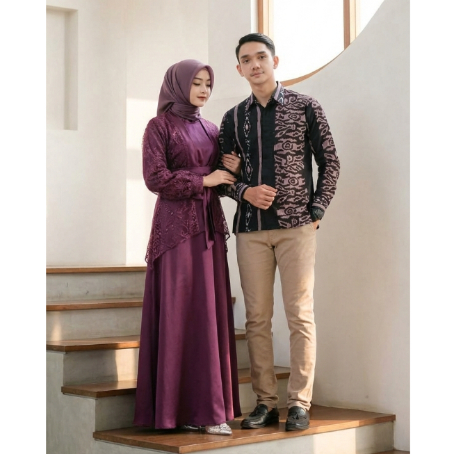 COUPLE GAMIS BRUKAT VELOXA BURGUNDY MAXI KEMEJA BATIK - COUPLE GAMIS BROKAT GAMIS PESTA KONDANGAN CO