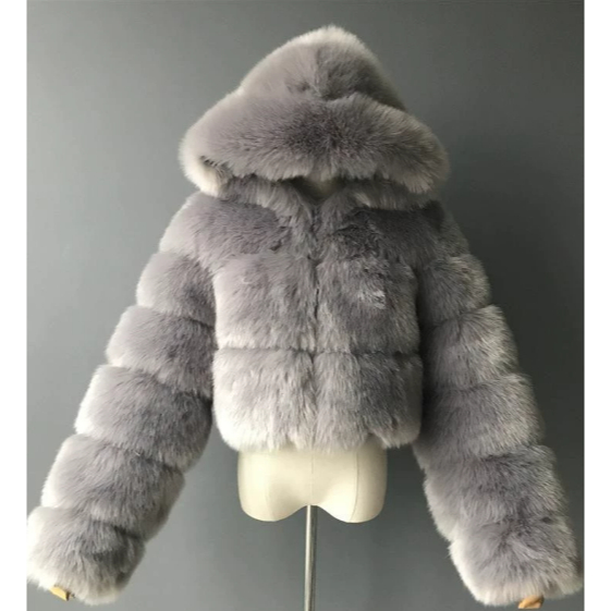 Jaket Bulu Wanita Premium Faux Fur Crop Hoodie Luxury Winter Jacket Korea