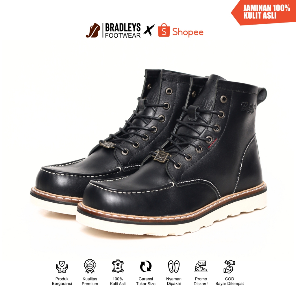 (Premium) Bradleys Roger Black - Sepatu Boots Kulit Pria | Sepatu Kulit High Boots Pria Red Wing Ori