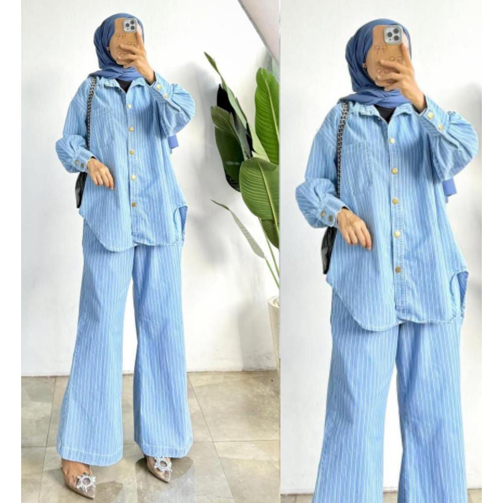 Setelan celana jins strip wanita ld 110 pc 95cm/setelan celana jins /setcel