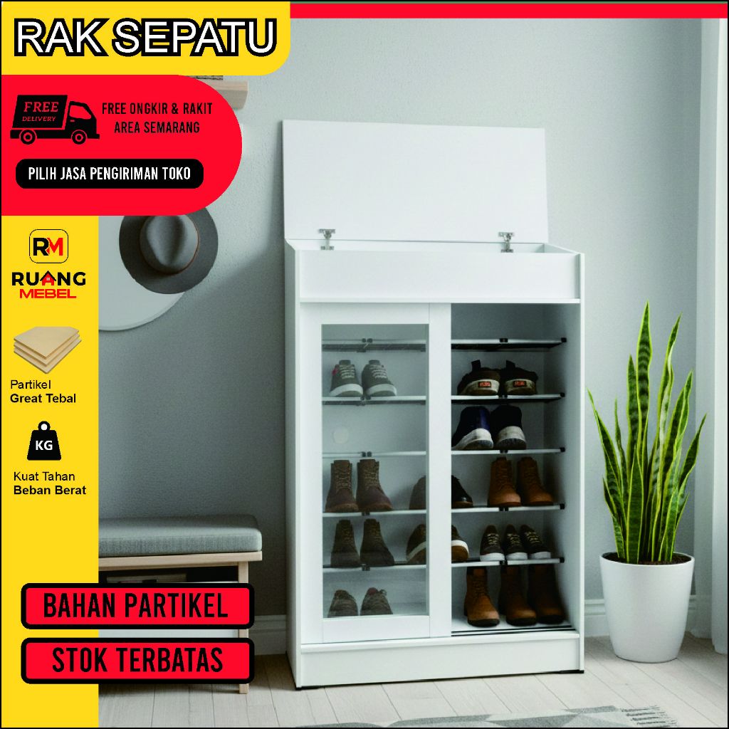 Rak Sepatu Minimalis Sliding Kaca - Rak Penyimpanan, Rak Sepatu Modern, Lemari Sepatu