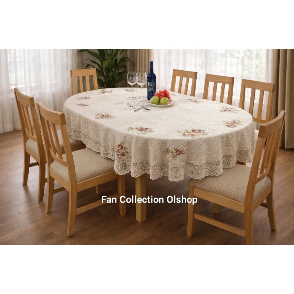 Taplak Meja Makan Oval Kain Sulam Pita 150x230 cm Taplak Meja Makan 6–8 Kursi Elegan Mewah Premium I