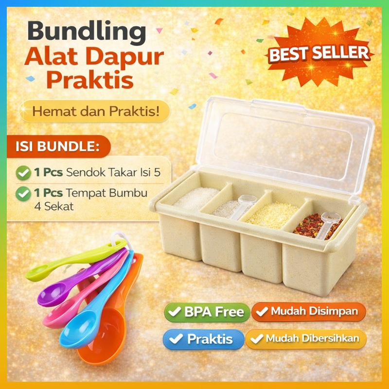 [PAKET BUNDLING] Sendok Takar Isi 5 + Tempat Bumbu 4 Sekat Set Alat Dapur Praktis Sendok Ukur Warna 