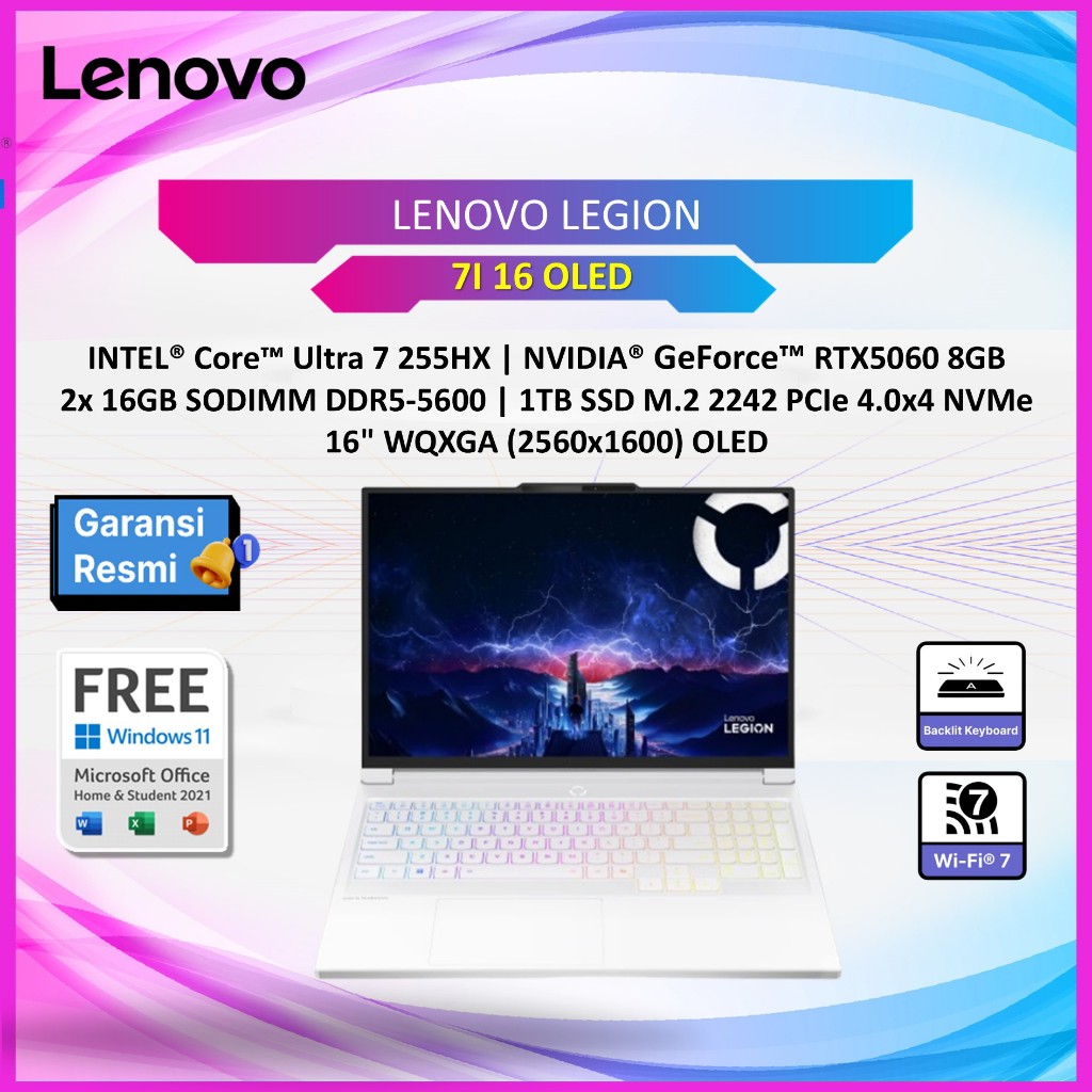 LAPTOP LENOVO LEGION 7I 16 OLED ULTRA 7 255HX RTX5060 8GB/ 32GB 1TB 16.0WQXGA