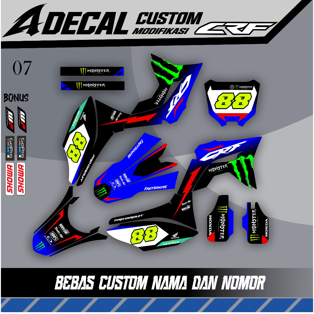 KODE 07 DECAL STICKER CRF 150 L / DECAL CRF MOTIF MONSTER CUSTOM FULL BODY MAX DECAL GLOSY