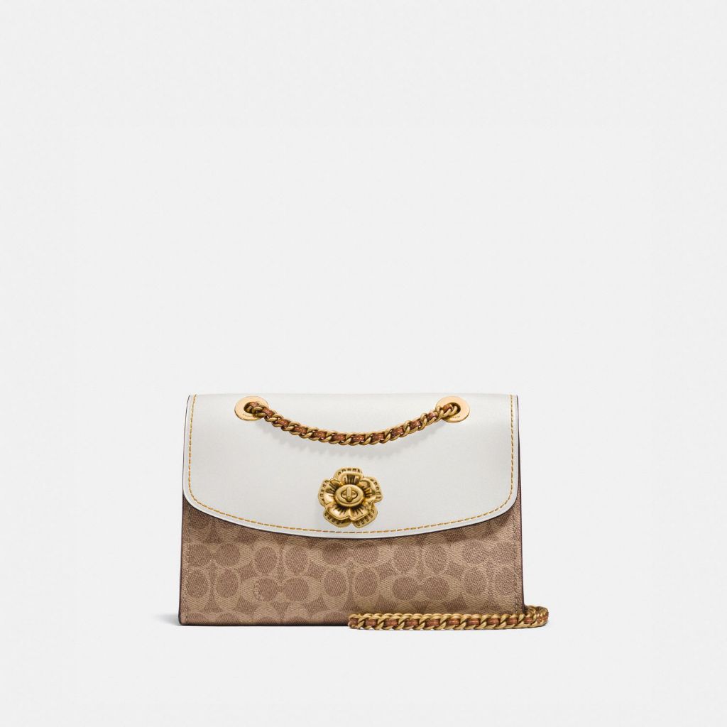 Coach Parker Shoulder Bag In Colorblock Signature Canvas With Rivets And Snakeskin Original Bag Tas