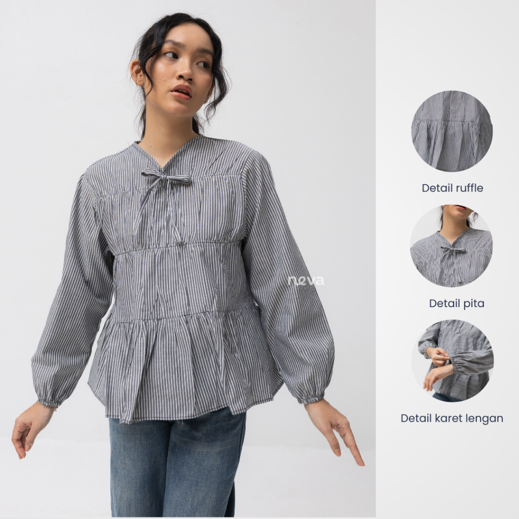 Neva Style - Malsa Blouse Katun Salur Wanita / Rubber Blouse Stripe Cotton / Kemeja Lengan Balon