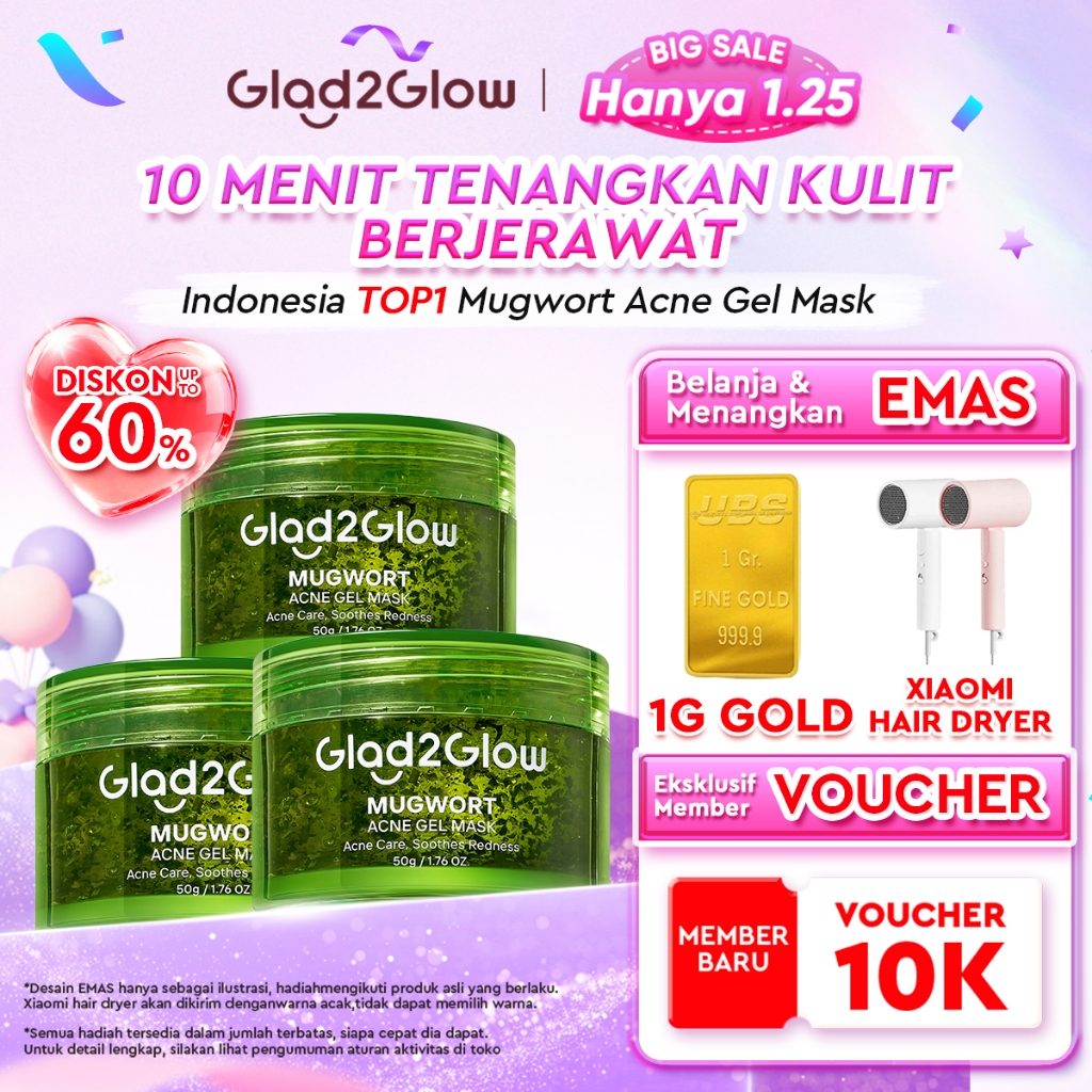 Glad2Glow Advanced Mugwort Acne Gel Mask 50g Masker Wajah Masker Komedo dan Pori Pori Wajah Masker M
