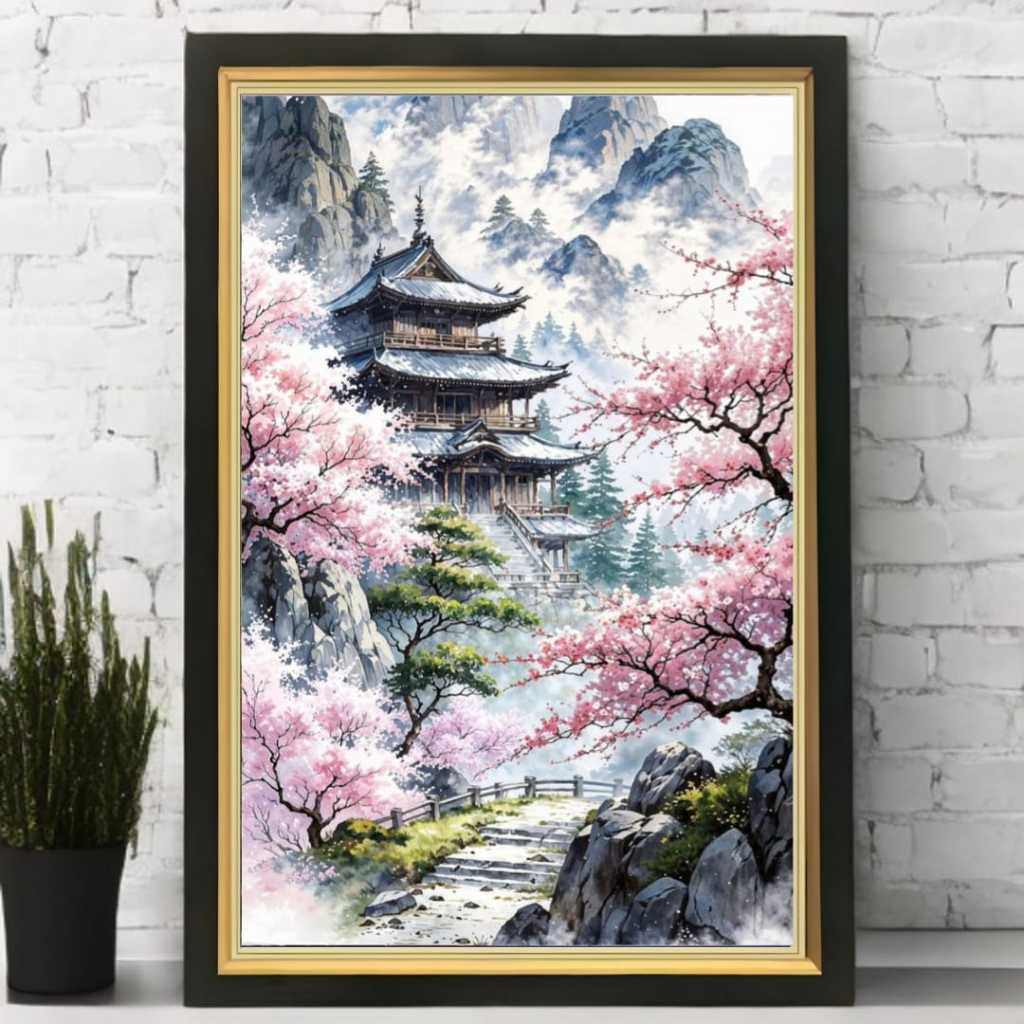 Hiasan Dinding Lukisan Cetak Bunga Sakura Bingkai Kayu 53x35cm Hitam Gold Aesthetic