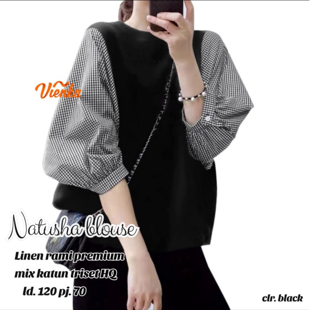 Natusha Blouse Wanita Dewasa Kasual | Atasan Wanita Polos Mix Katun Triset Motif Kotak Kotak Ld 120