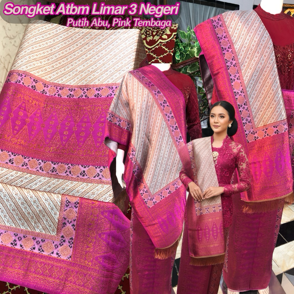 Songket Palembang Atbm Limar 3 Negeri Warna Pink/ songket Tenun Mesin palembang /Songket pengantin /