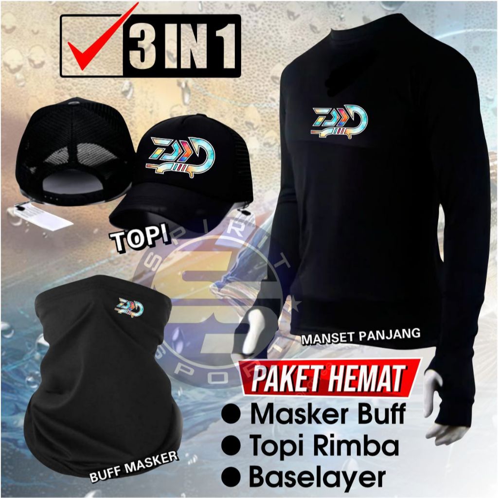 DaiwaNew SET Pakaian Mancing 3 in 1 Jersey Lengan Panjang Topi Mancing Masker Buff Anti UV Elastis