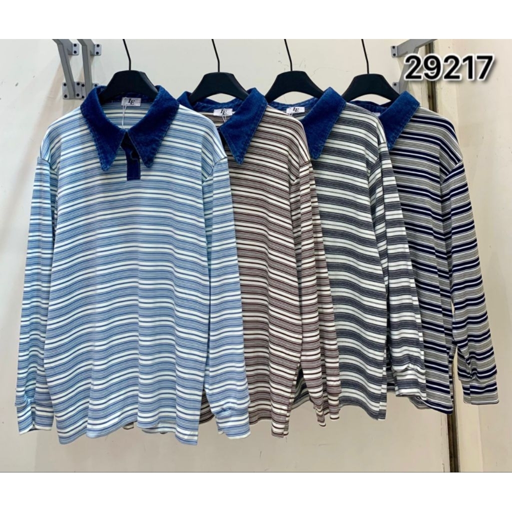 Atasan kaos salur kombi kerah jeans import