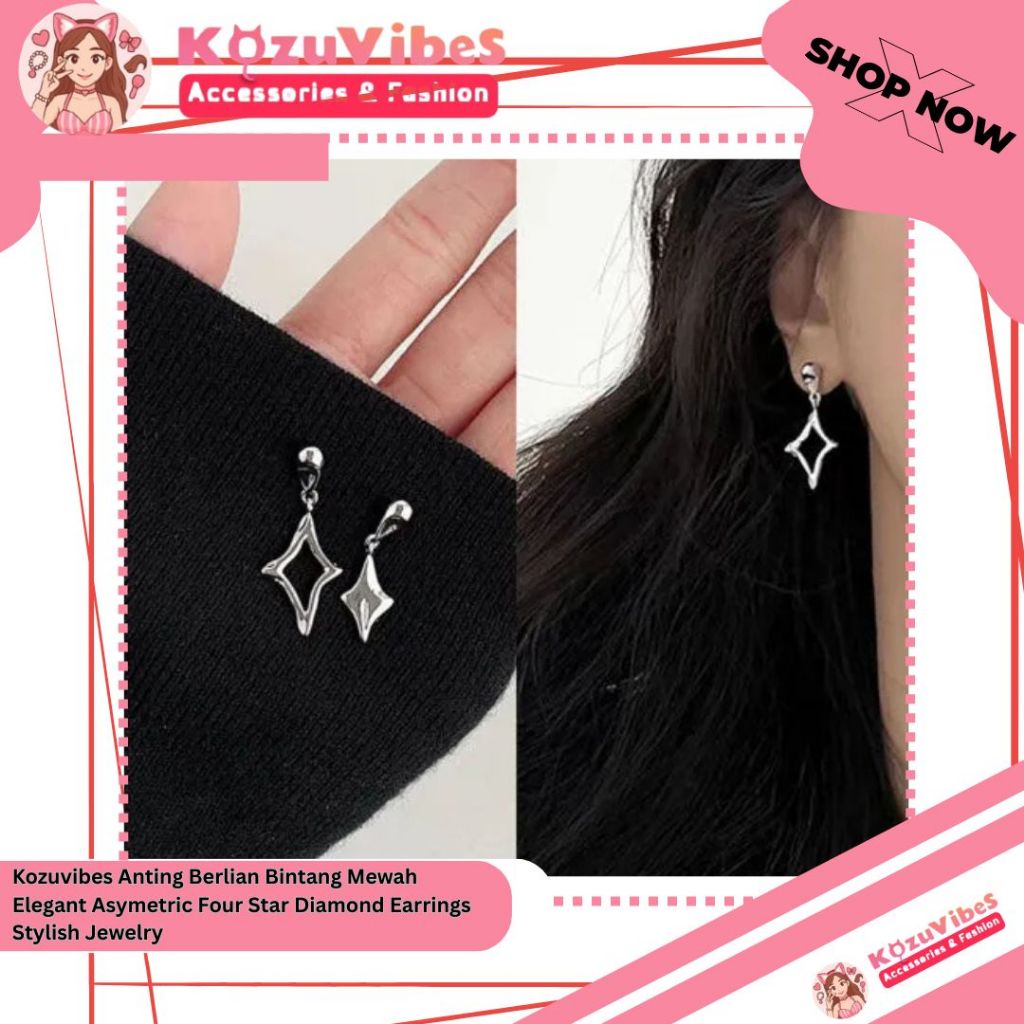 Kozuvibes Anting Berlian Bintang Mewah Elegant Asymmetric Four Star Diamond Earrings Stylish Jewelry