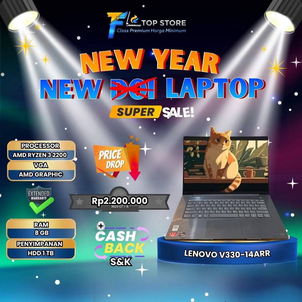 LAPTOP LENOVO V330-14ARR AMD RYZEN 3-2200 RAM HDD 1TB-LAYAR WS UJUNG