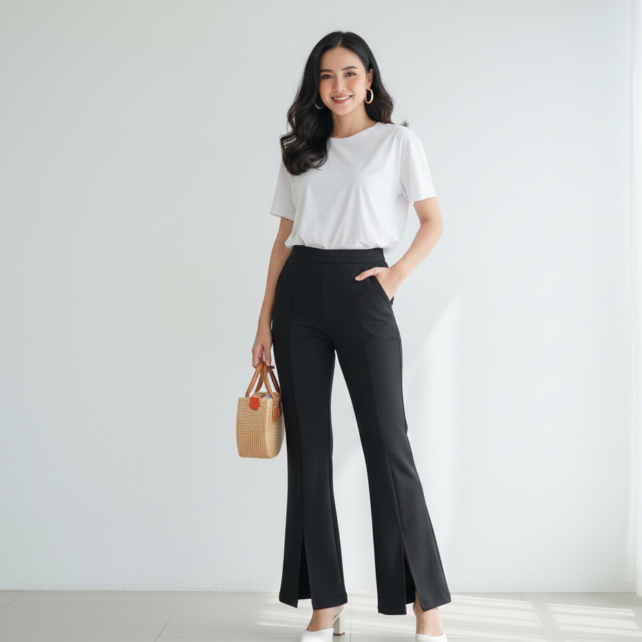 KC - Celana Cutbray Jumbo Belah Depan Scuba Premium Hitam