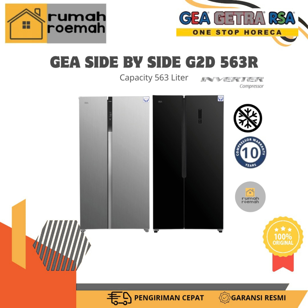 GEA KULKAS SIDE BY SIDE G2D-563R INOX/BLACK GLASS/GEA KULKAS SBS KAPASITAS 563 LITER/GEA KULKAS NO F