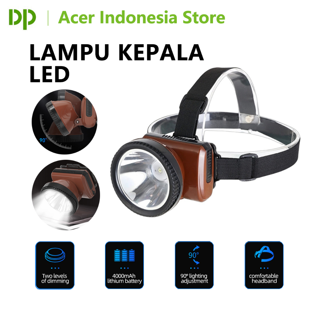 Headlamp DP Super Bright LED, Lampu Kepala Charging 90° Adjustable, Ikan & Outdoor​
