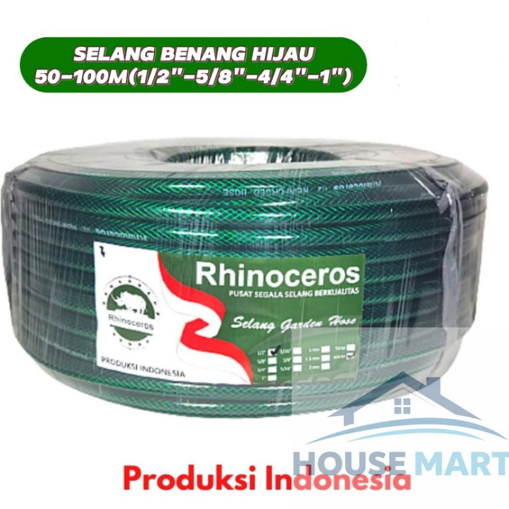 RHINOCEROS SELANG ANTI LUMUT BENANG HIJAU 1/2 5/8 3/4 1 inci 50-100meter SELANG AIR BAGUS ANTI TEKUK
