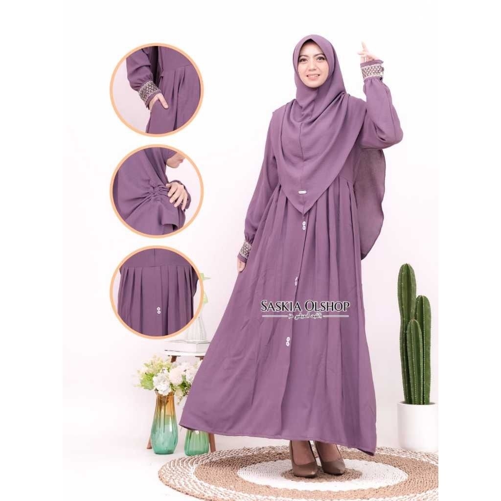 MAWA 2 - (FREE HIJAB) Baju Gamis Dress Busui Syari Set Khimar Cringkle Airflow Premium Terbaru 2026 