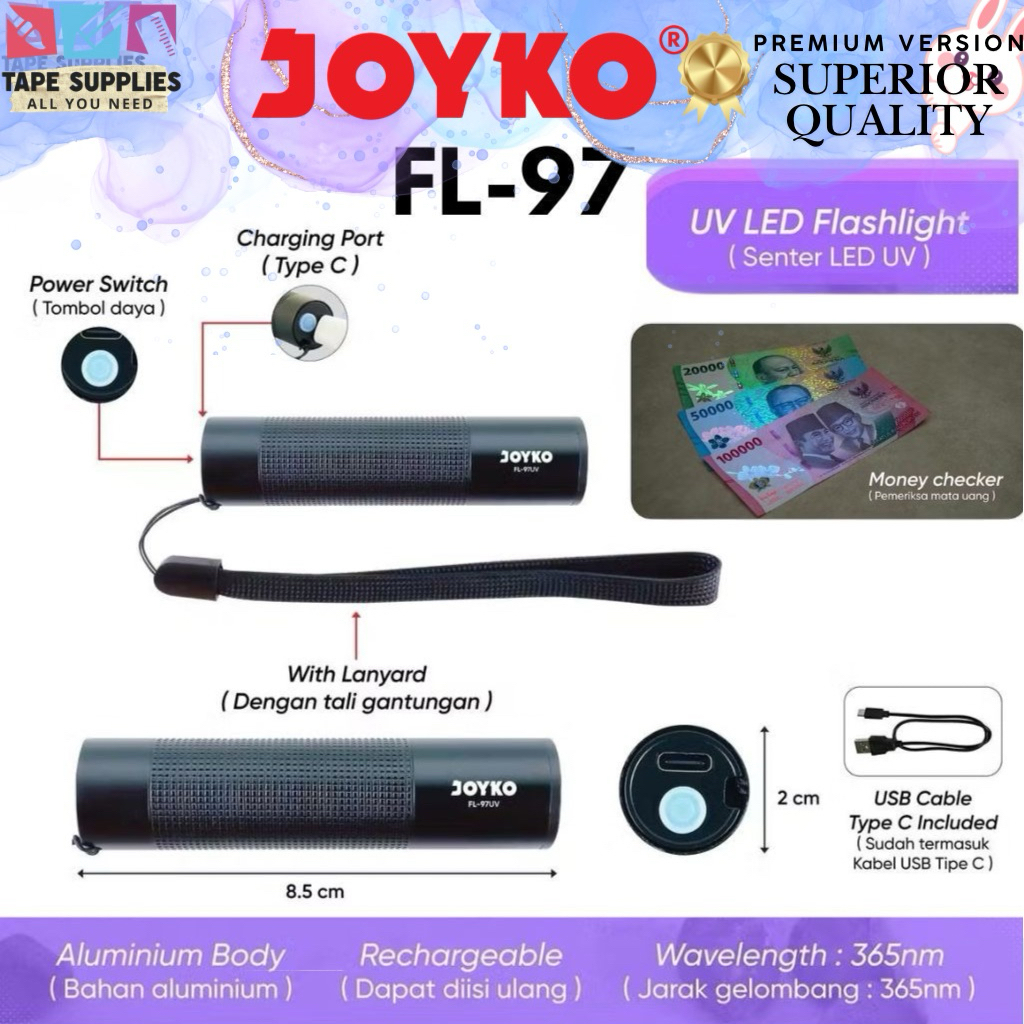 JOYKO FL-97 UV LED Flashlight 365nm Rechargeable Type C | Senter UV Money Checker