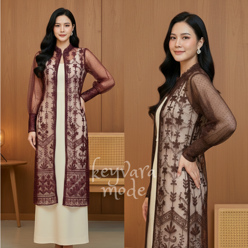 Keyvara Mode - Frea Long Outer Tulle Elegan Glitter Mahogany Outer Rompi Brokat Busui Friendly Outer