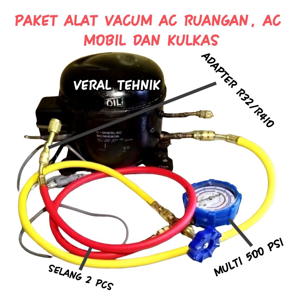 ALAT VACUM KULKAS DAN AC SATU SET SELANG MANIFOLD+MANIFOLD MULTI 500 PSI+ADAPTOR PREON R32/R410# VAC