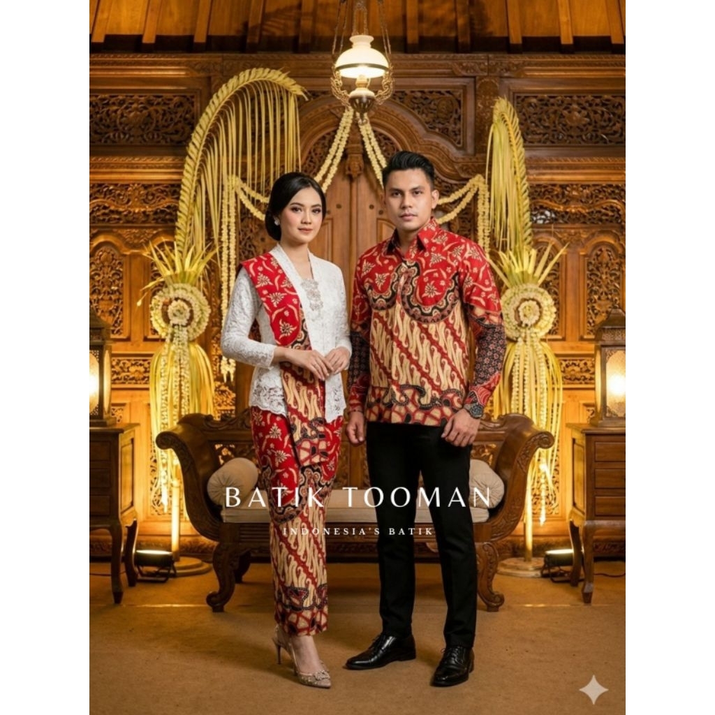PRADIPTA RED Couple Sarimbit Rok & Kemeja Batik Warna Merah Cabe Bahan Katun Halus