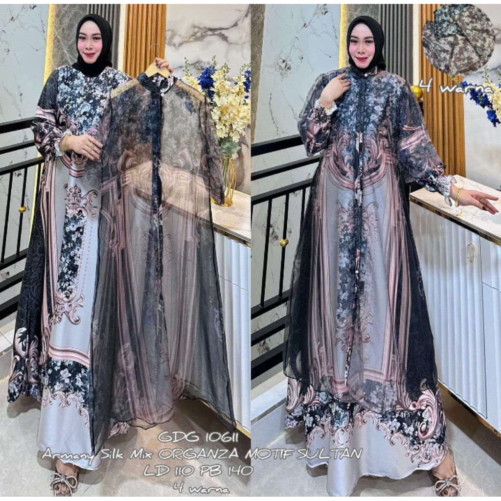 Gamis Armany Silk Mix Organza Motif Sultan Premium - Dress Pesta Kondangan Mewah LD 110 PB 140