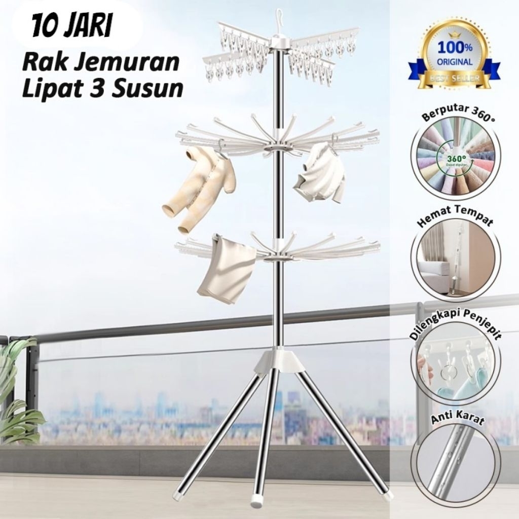YUMI RAK JEMURAN PAKAIAN BAJU BAYI KERUDUNG KAUS KAKI  MENARA 3 SUSUN TIANG STAINLESS/BESI