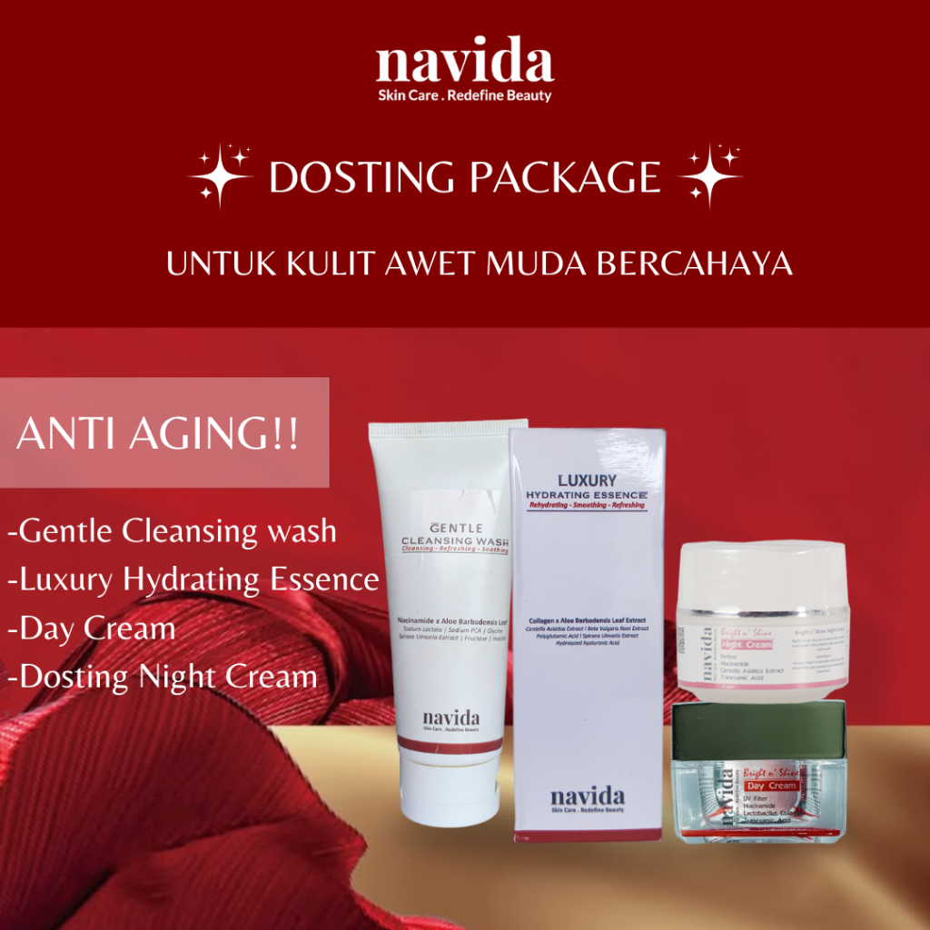 NAVIDA Skincare DOSTING Package | BPOM | Facial Wash, Hyrdating Essence, Day Cream, Dosting Night Cr