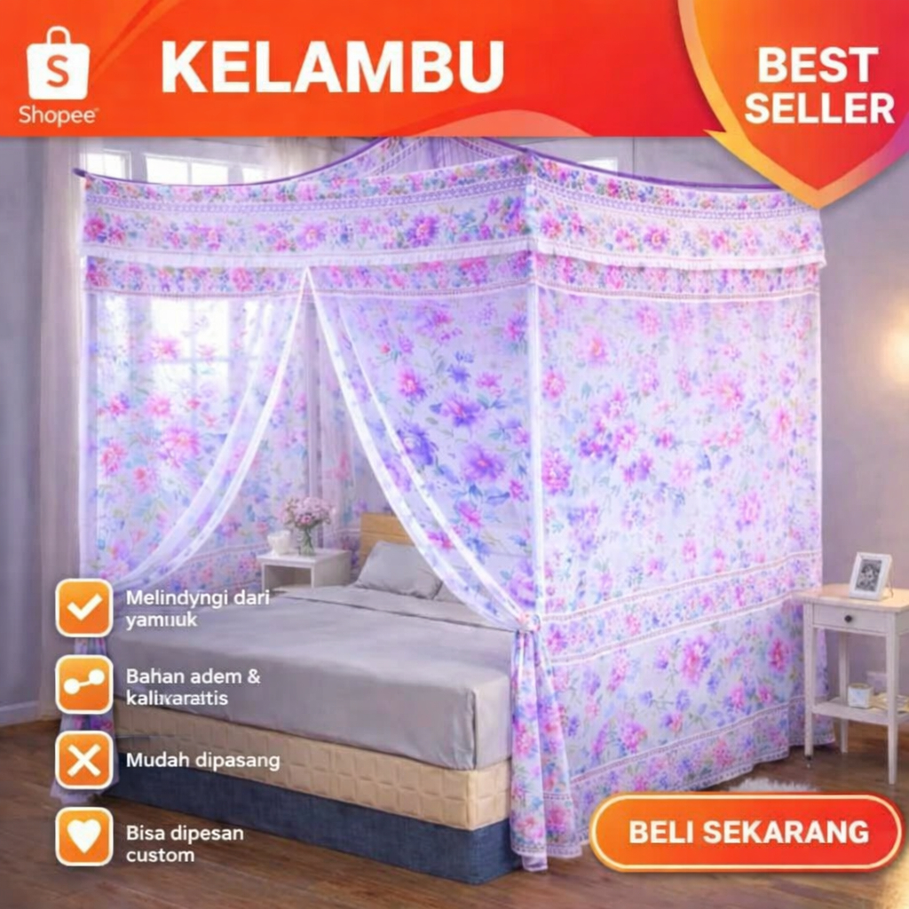 kelambu bunga ukuran 200x200, kelambu motif bunga, kelambu anti nyamuk, kelambu tempat tidur, kelamb