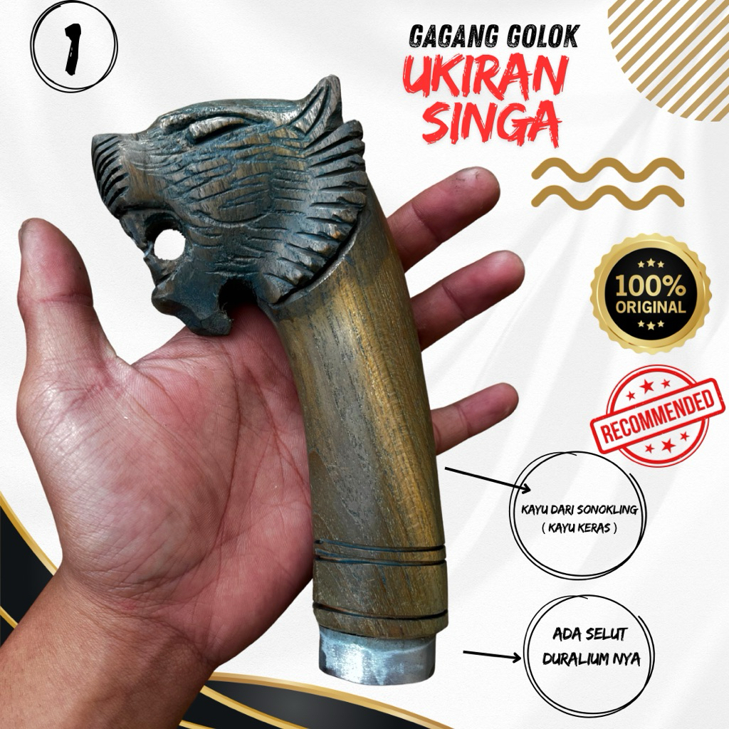 Gagang Golok Ukir Kayu Sonokeling Premium - Motif Singa Wayang Maung Siputri - Cocok untuk Bilah 25c