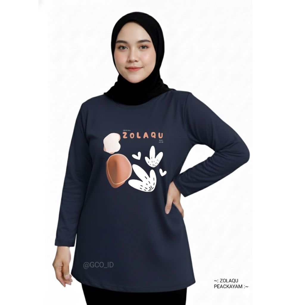 Kaos Harian Daily Wear Zolaqu Original 2026 Biru Navy Tebal Adem Lengan Panjang Korean Hijab Style