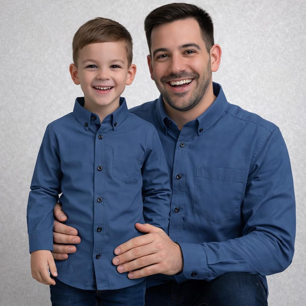 KEMEJA COUPLE AYAH DAN ANAK BIRU DENIM.KEMEJA WARNA BIRU DENIM.PAKAIAN POLOS BIRU DENIM. KEMEJA POLO