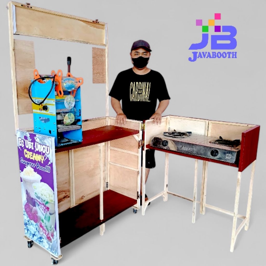 Booth Portable / Gerobak Lipat / Meja Lipat / Furniture Kayu / Bonus Rak Depan /  Meja Kompor 2 Tung