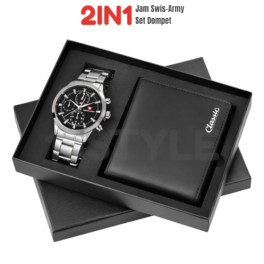 Paket 2in1 - Dompet Lipat Pria Kulit PU Set Jam Tangan - Jam Tangan Gift Kado - Jam Tangan Pria Impo