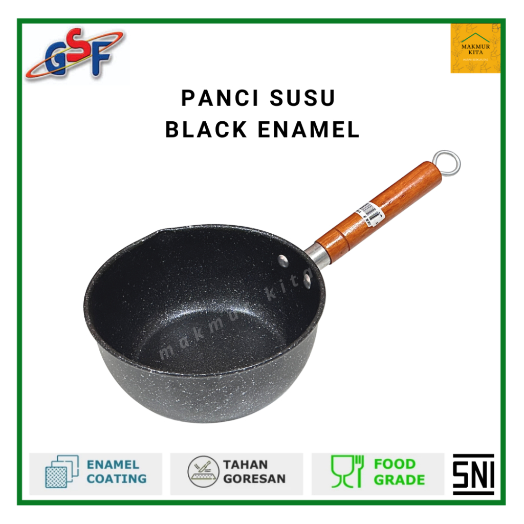 Panci Susu Anti Lengket 16 18 20 CM Hitam Enamel GSF / Panci Masak Mie Air Kuah Rebus Gagang Kayu