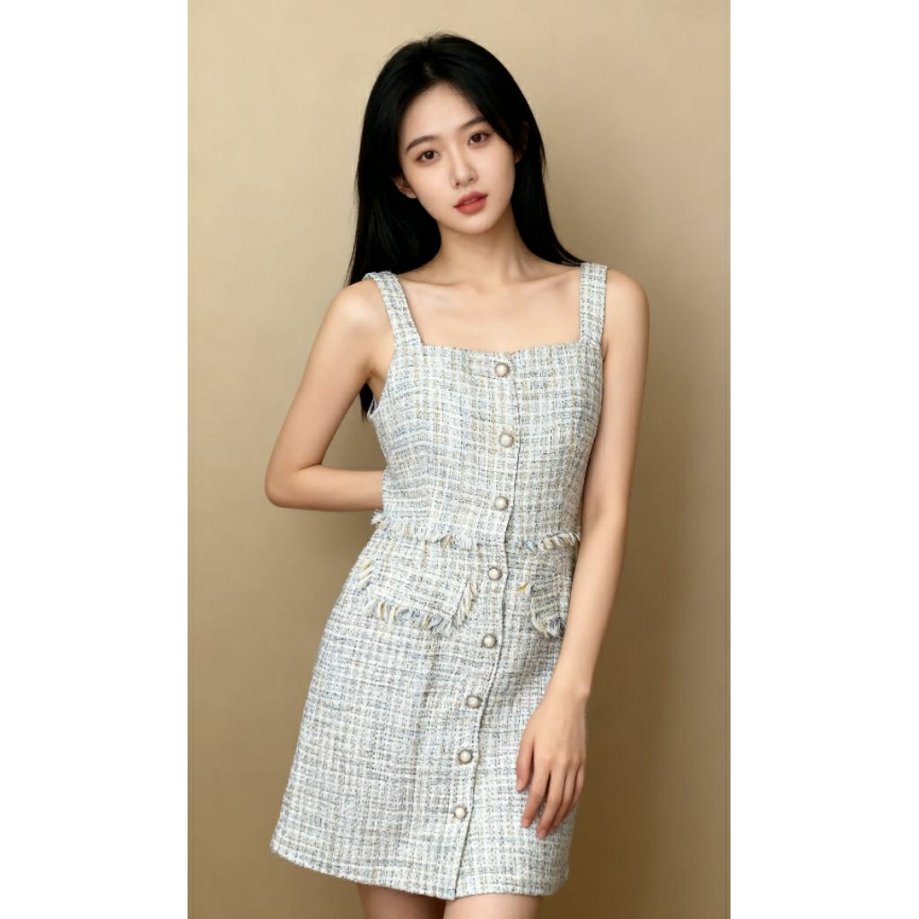 (NEW) TWEED OVERALL MIDI DRESS BUTTON KOREA BRANDED