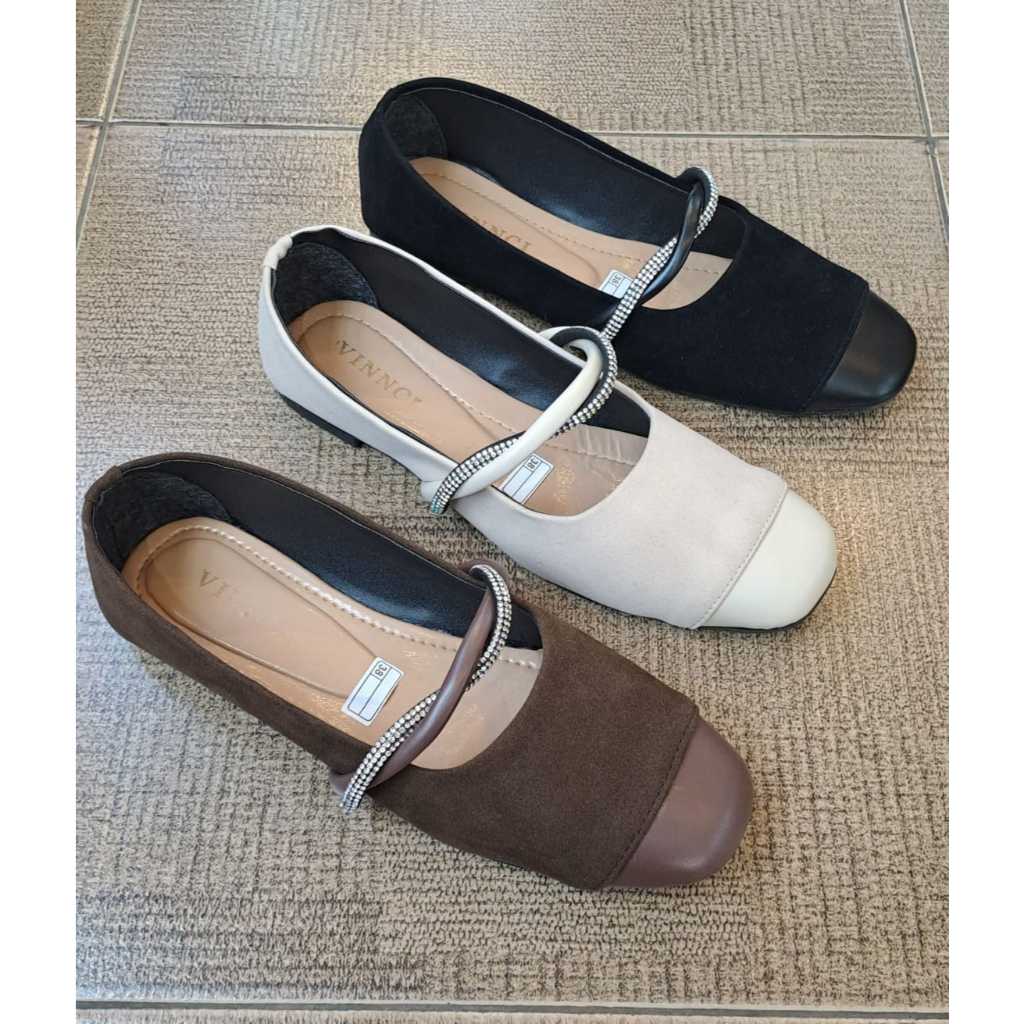 KDS | VNC Flatsoes Wanita Brand Lokal Sepatu Mary Jane Suede Flat Shoes Tali Kristal Square Toe Blud