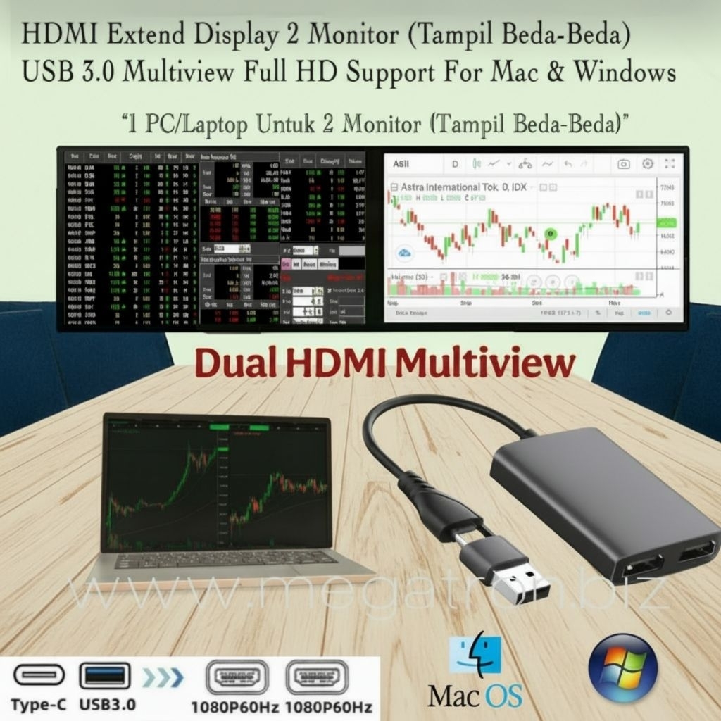 Multiple Monitor Display USB 3.0 to Dual HDMI - Extend Display 2 Monitor Full HD