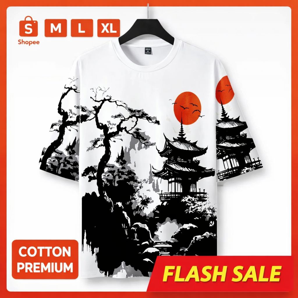 Kaos Fashion Unisex Full Printing - Baju Motif Jepang Pagoda Premium Cotton Combed Ukuran M-XL