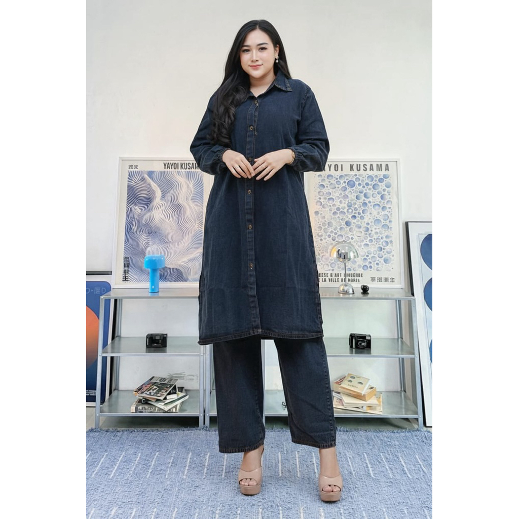 Jamie Set Jeans  Setelan Tunik Jeans Wanita Terbaru Baju Setelan Jean Big Size setelan Tunik Jeans W