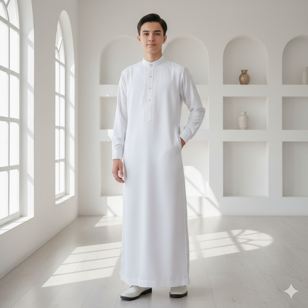 Jubah Pria Dewasa Lengan Panjang Katun Putih Polos Kancing Depan Adem