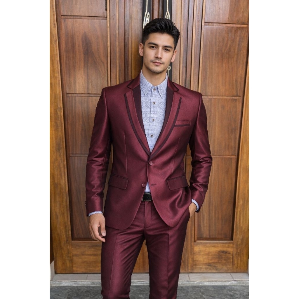 setelan jas pengantin jas weding jas formal pria warna maroon slim fit