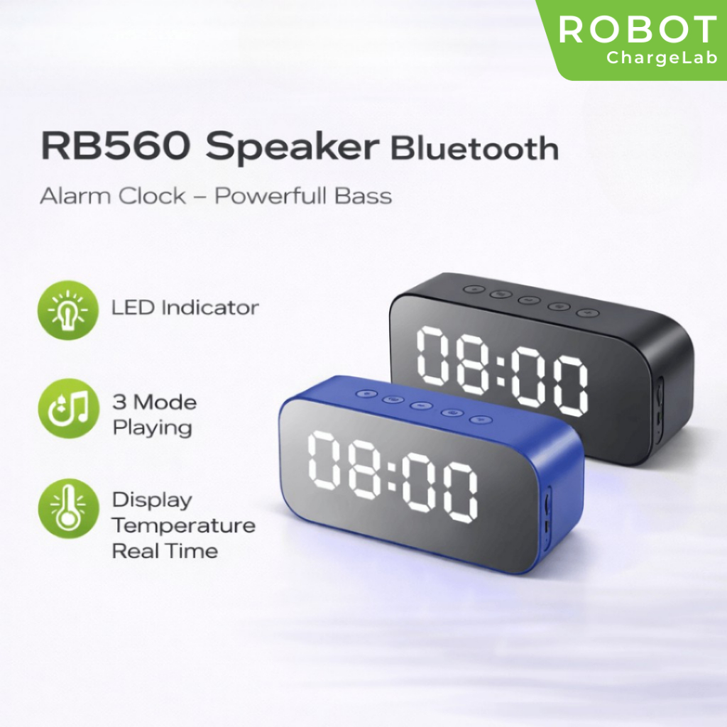 ROBOT Speaker Bluetooth Super Bass RB560 LED Jam Display Dual Smart Alarm Powerful Bass Mirror Speak